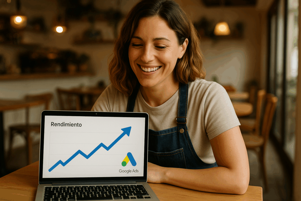 Mujer propietaria de negocio hostelero en Alcorcón satisfecha con los resultados de sus campañas google ads exitosas y el crecimiento.