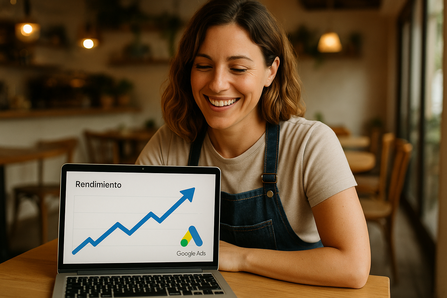 Mujer propietaria de negocio hostelero en Alcorcón satisfecha con los resultados de sus campañas google ads exitosas y el crecimiento.