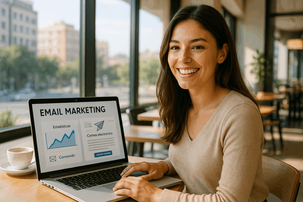 Mujer joven y alegre trabajando en su portátil, optimizando una estrategia de email marketing efectivo para su negocio.
