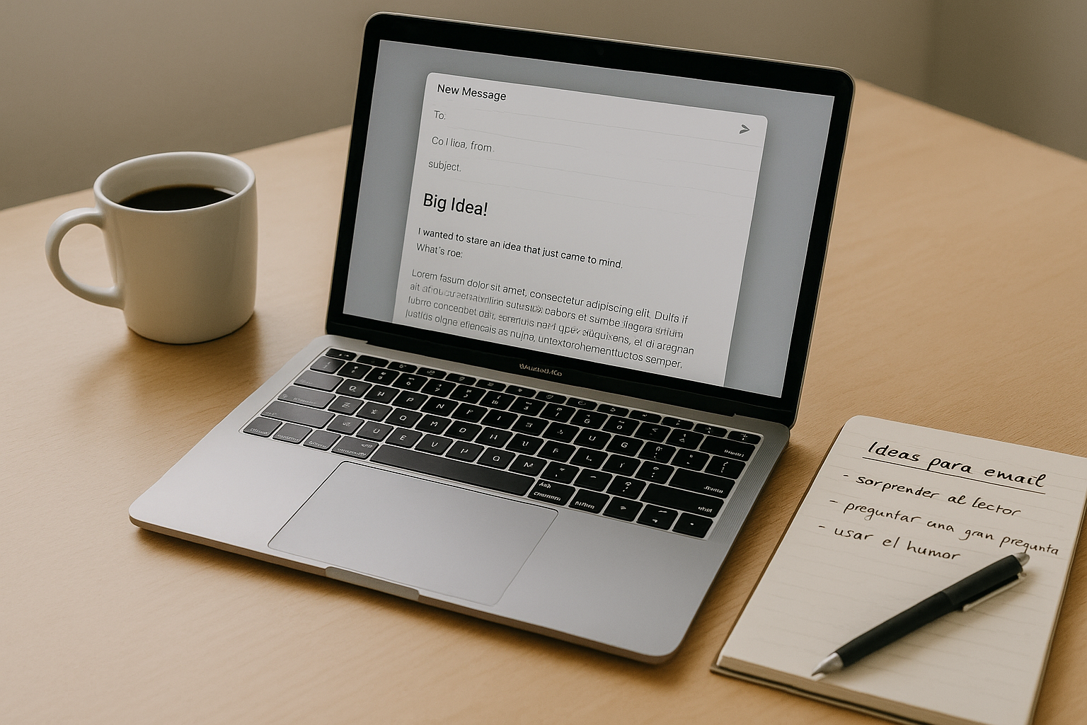 Mesa de trabajo con portátil mostrando un diseño de email y notas, representando la creación de un mensaje de email marketing efectivo.