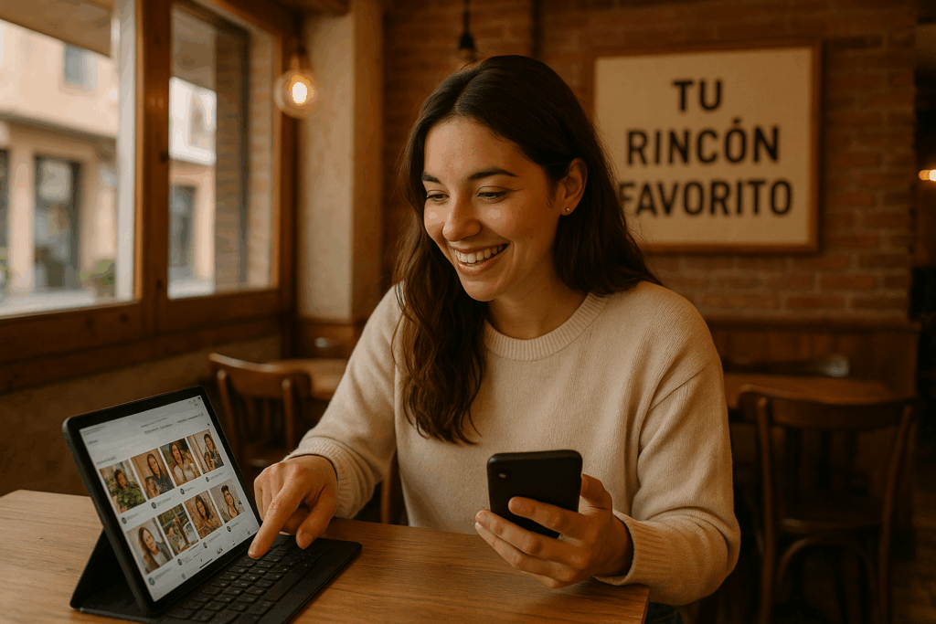 Joven influencer local compartiendo contenido auténtico sobre marketing influencer local en un café de Alcorcón.