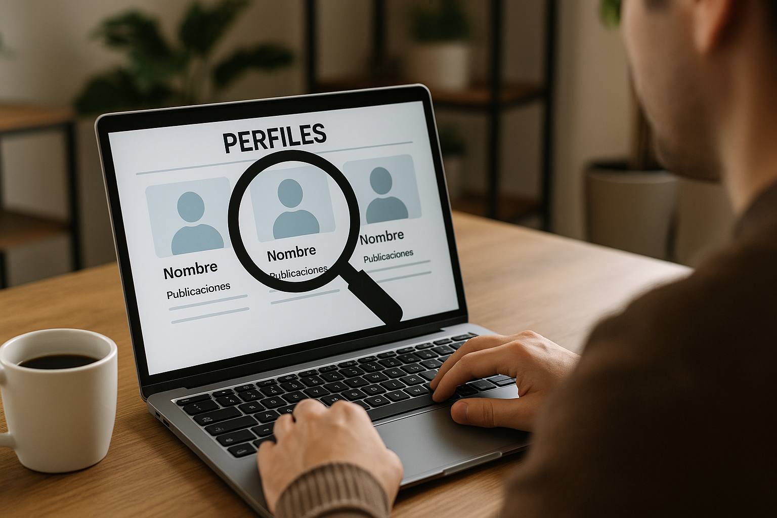 Persona utilizando un ordenador para encontrar y analizar perfiles de marketing influencer local relevantes para pequeños negocios.