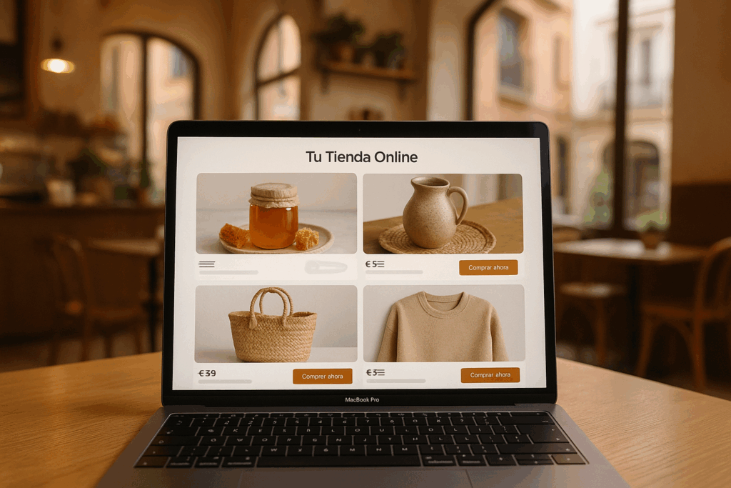 Interfaz de una tienda online exitosa en un ordenador portátil, mostrando productos atractivos y un proceso de compra fácil.