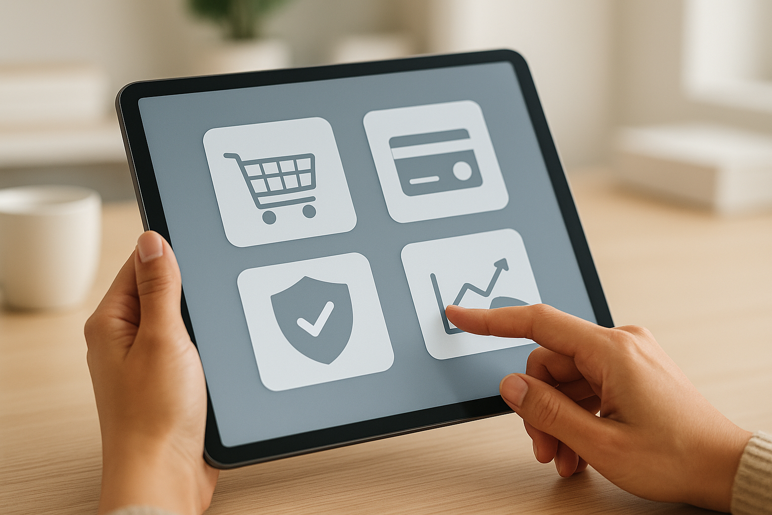 Manos interactuando con una tablet que muestra iconos de herramientas clave para una tienda online de éxito: carrito, pago seguro y analíticas.