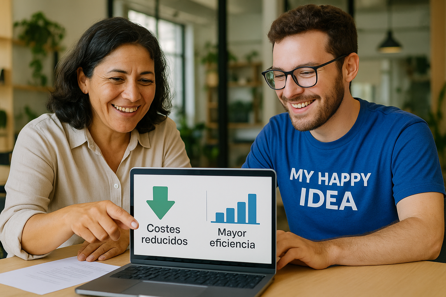 Dos profesionales de pymes revisando gráficos de ahorro y eficiencia, mostrando la digitalizacion pymes beneficios reales en la gestión.