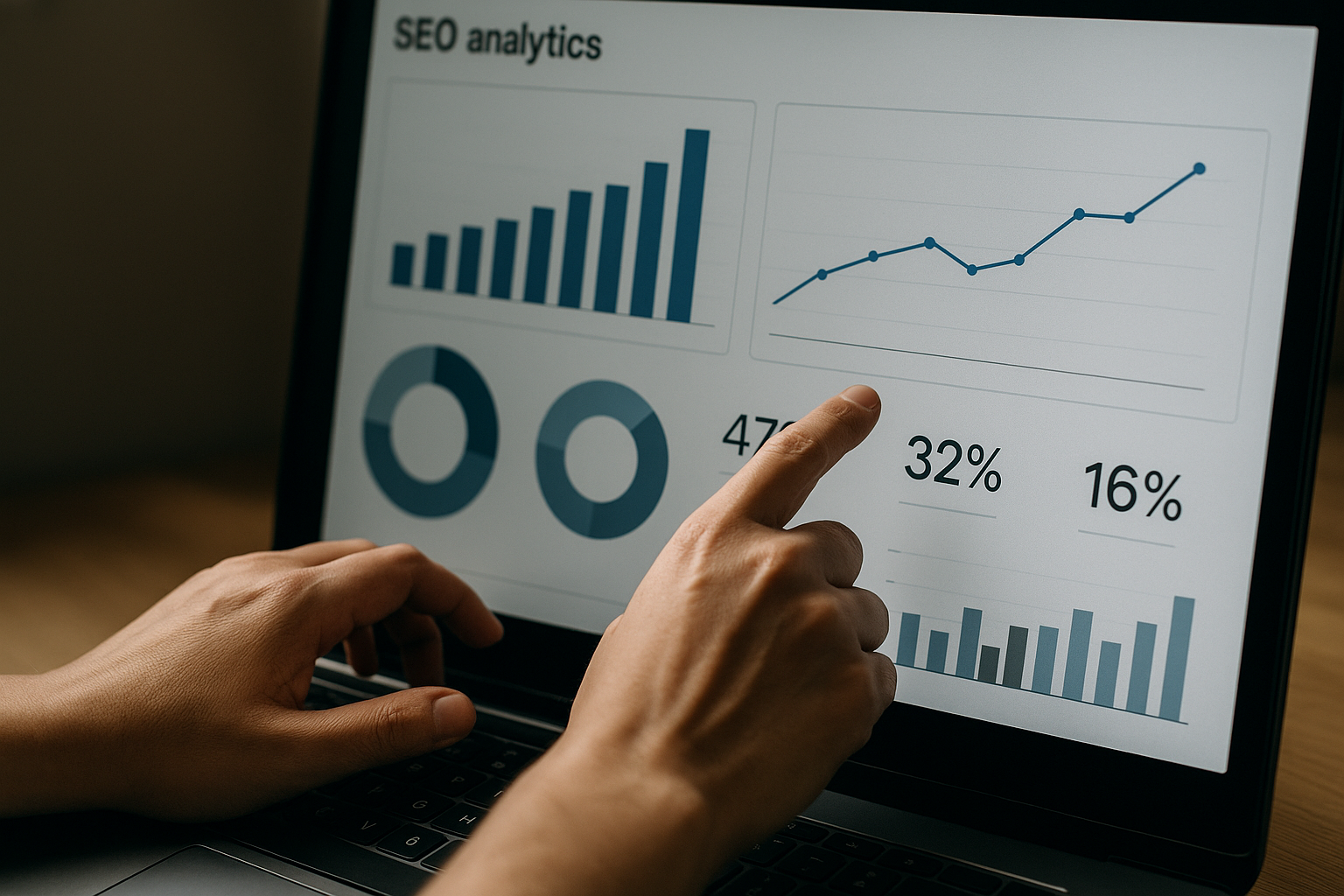 Manos analizando gráficos de SEO en una pantalla, esenciales para una estrategia SEO organico feliz efectiva.