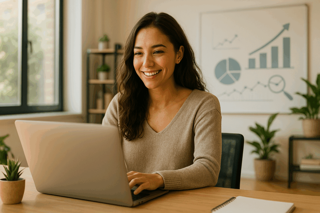 Emprendedora sonriente trabajando en su ordenador, simbolizando una estrategia SEO organico feliz y crecimiento de negocio.