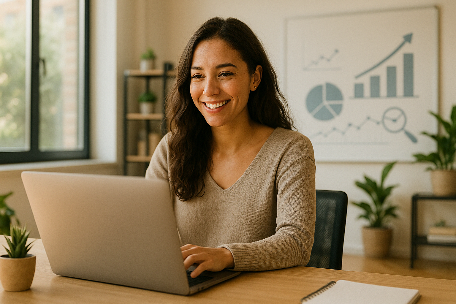 Emprendedora sonriente trabajando en su ordenador, simbolizando una estrategia SEO organico feliz y crecimiento de negocio.