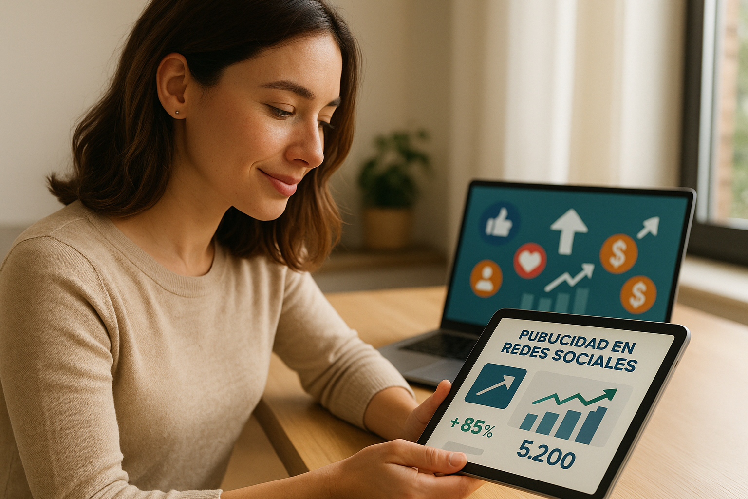 Mujer feliz y profesional optimizando campañas de social ads rentables en su tableta, mostrando éxito.