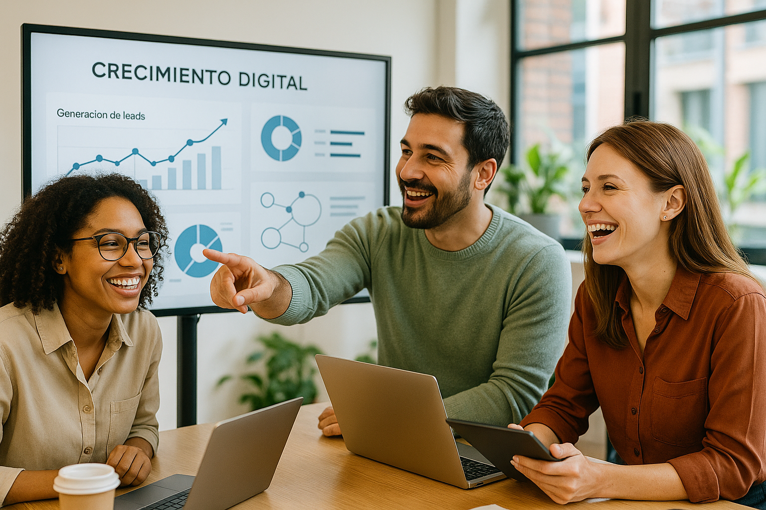 Equipo de profesionales de marketing digital colaborando felizmente en la estrategia de generacion de leads efectiva para un cliente.