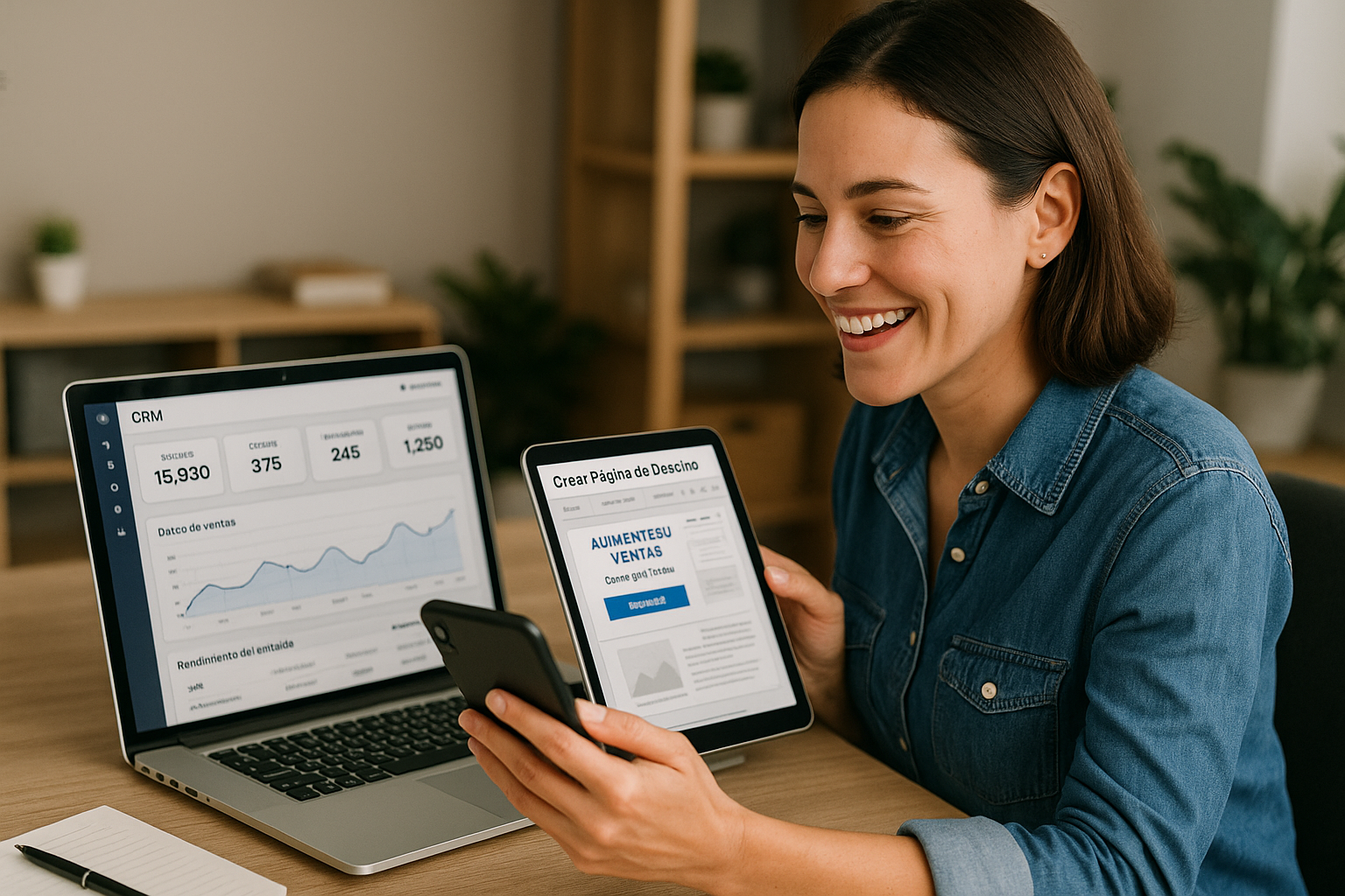 Persona utilizando varias herramientas digitales como CRM y software de email marketing, esenciales para la generacion de leads efectiva.